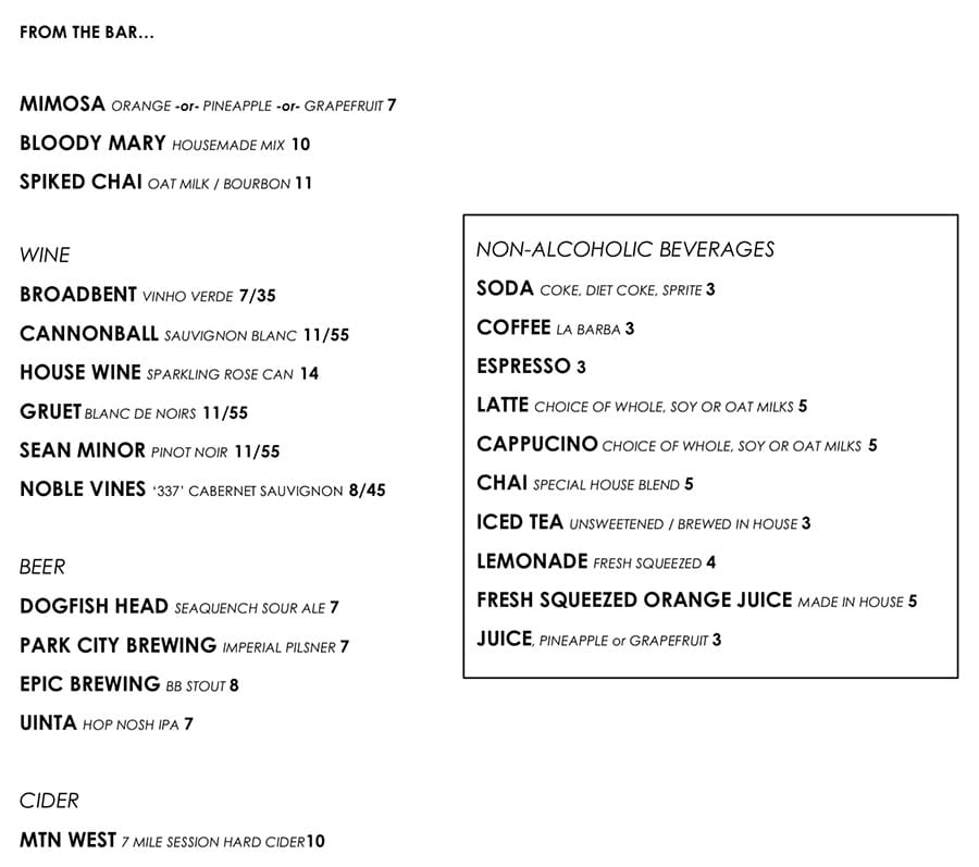 SLC Eatery brunch menu - drinks